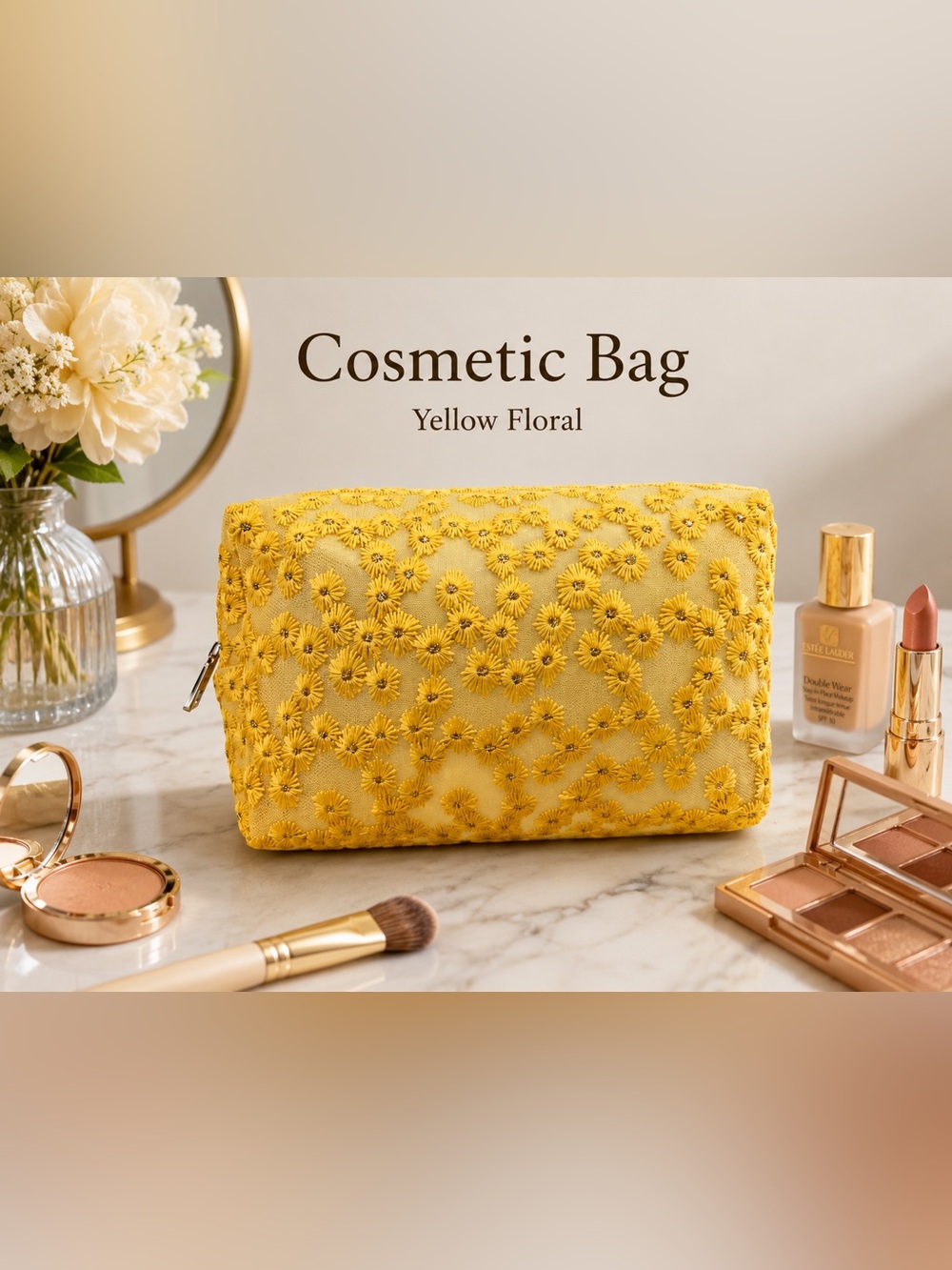Embroidered Yellow Floral Cosmetic Pouch